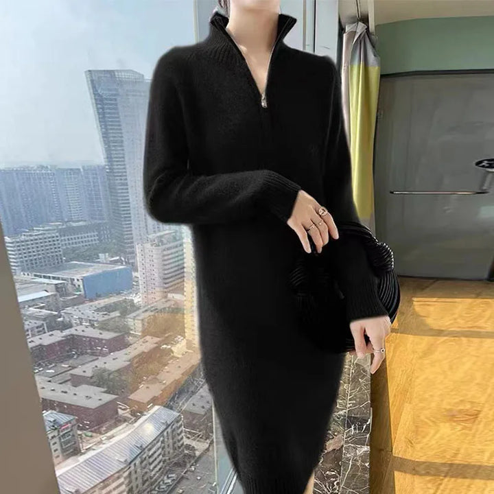 Autumn And Winter New Wool Dress Feminine Long-Sleeved Loose POLO Neck Dress