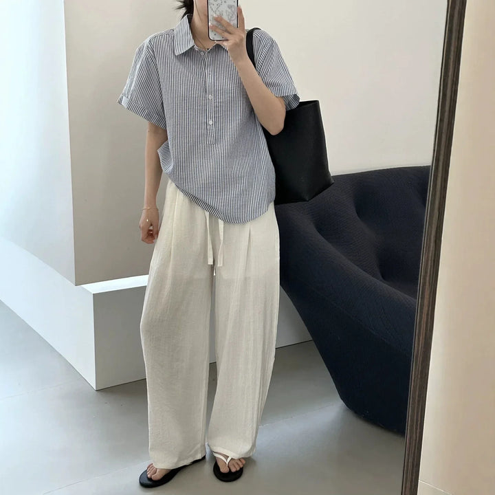 Linen Ice Silk Wide Leg Pants for Women Floor Length Curved Leg Casual with Safety Lining Fully Hemmed Trousers