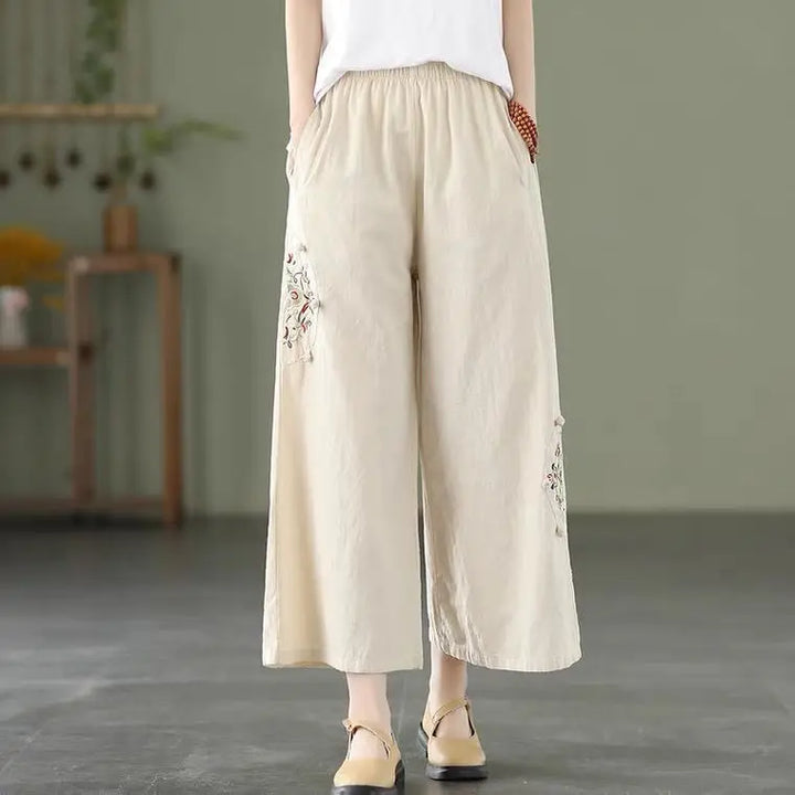 Fashion Women Embroidery High Waist Oversized Pants Summer Cotton Hemp Thin Elastic Band Loose Wide Leg Casual Straight Trousers