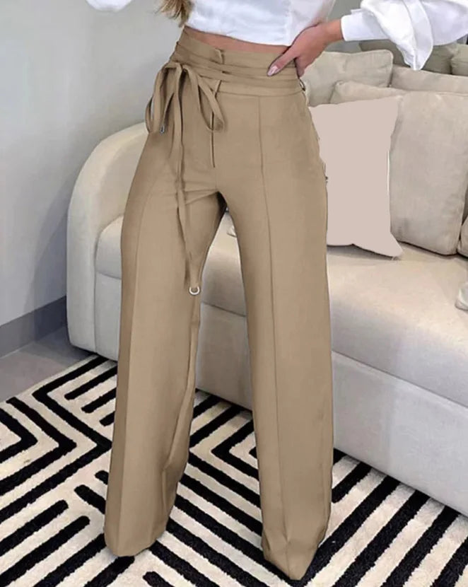 Women Fashion Tied Detail Straight Leg Work Pants Khaki Female High Waist Office Lady Elegant Long Trousers 2023 Autumn Clothing