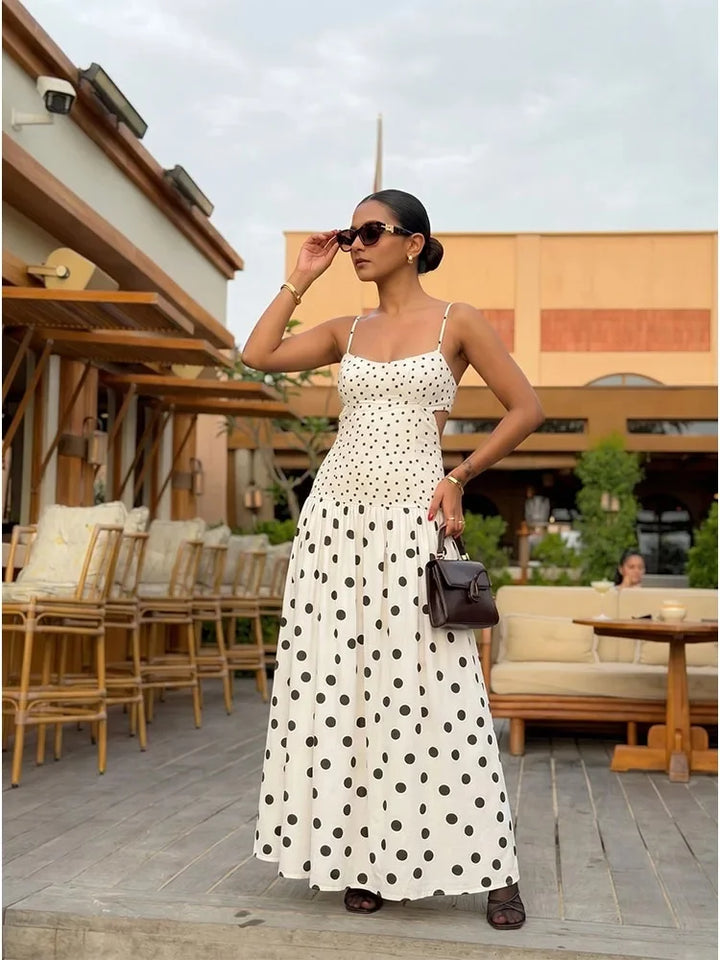 Women White Polka Dot Maxi Dress Summer Female French Style Spaghetti Strap Dress Lady Elegant Chic Cutout Waist Party Sundress