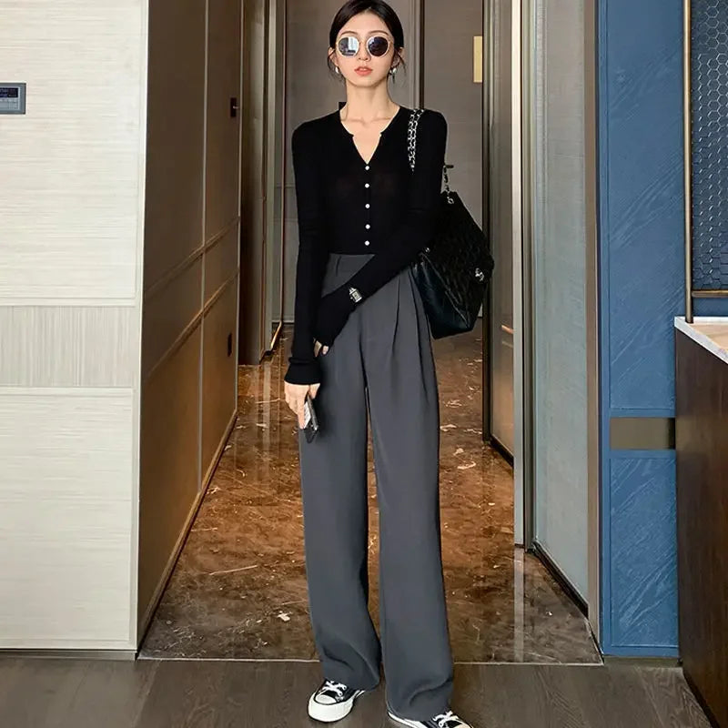 Straight Leg Brown with Pockets Trousers for Woman Black High Waist Tailoring Office Clothing Work Women&