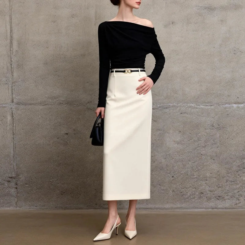 White Elegant High Waist Straight Midi Skirts Women 2026 New Black OL Ladies Jupe Femme