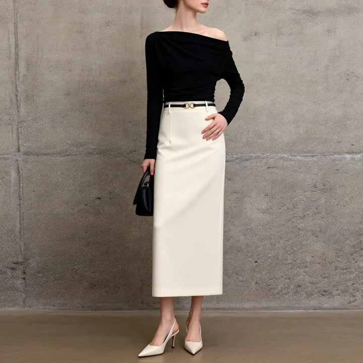 White Elegant High Waist Straight Midi Skirts Women 2026 New Black OL Ladies Jupe Femme