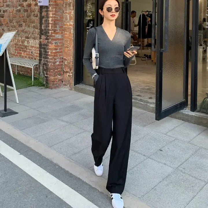 Straight Leg Brown with Pockets Trousers for Woman Black High Waist Tailoring Office Clothing Work Women&