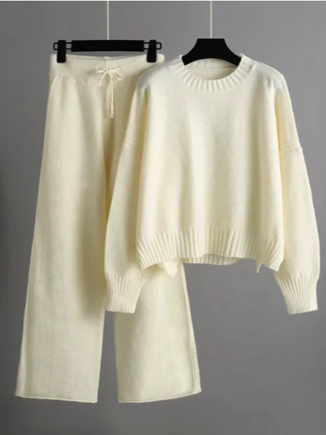 Knitted Drape Wide Leg Pant Suit Two Piece Sets knitwear Winter Thick Warm Sweater Tracksuits casual Women sweater