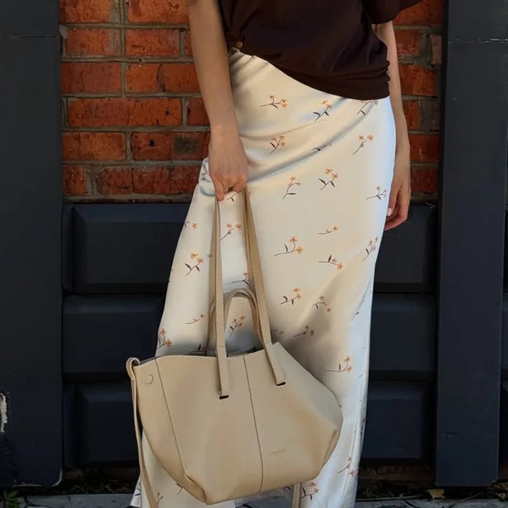 Women Satin Floral Print Midi Skirt High Elastic Waist Casual Long Skirt Summer Elegant Office Commuter A-Line Silky Dress Skirt