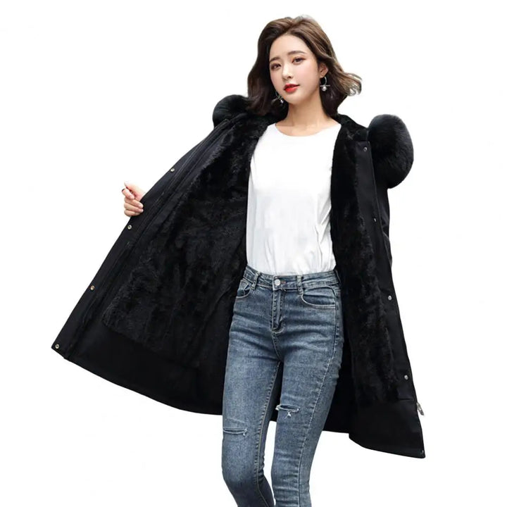 Winter Women Jacket Furry Hood Cotton Jacket Plus Size Zipper And Button Closure Plush Lining Cotton Coat Windproof Warm Coat