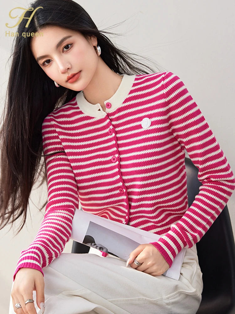 H Han Queen Korean Outerwears Autumn Winner Cardigan For Women Simple Stripes Long Sleeve Knitwear Loose Vintage Casual Sweaters
