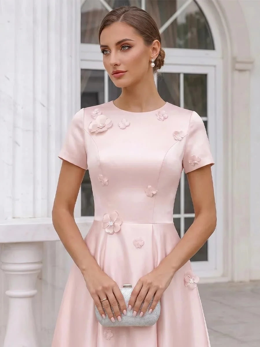 Customized Midi A Line Satin Evening Dress Round Neck Short Sleeve 3D Floral Appliques Flared Elegant Formal Bridal Occasion