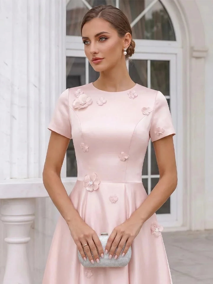 Customized Midi A Line Satin Evening Dress Round Neck Short Sleeve 3D Floral Appliques Flared Elegant Formal Bridal Occasion