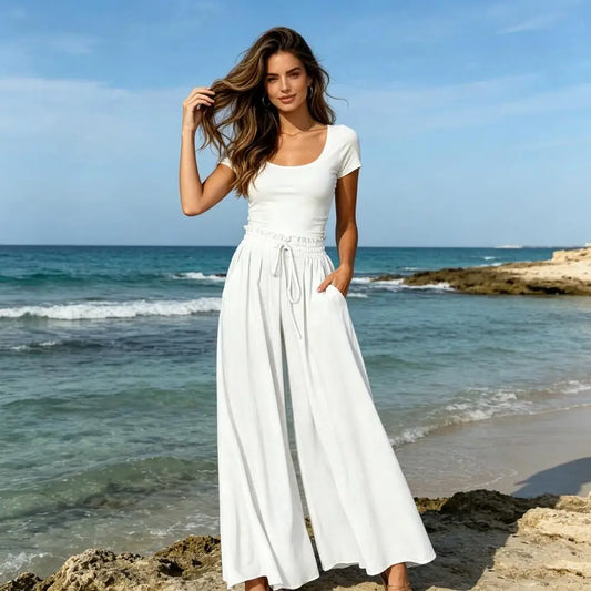 Women Pants Versatile Fit Pants Women’s Oversized Wide Leg Trousers with Pockets Adjustable Elastic Strap Long Pants Pure