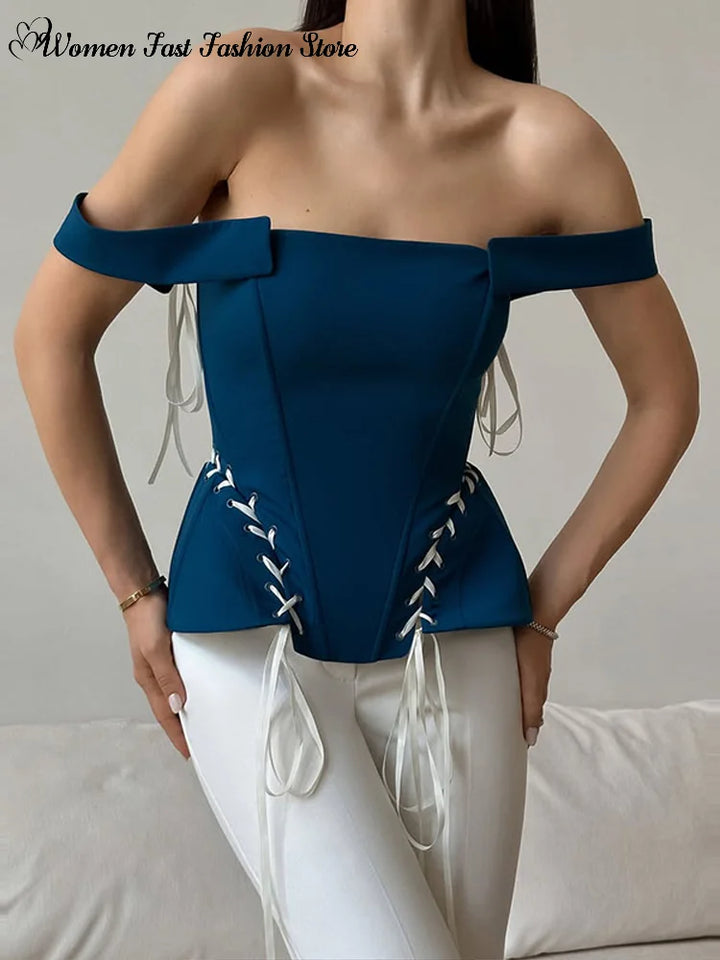 Sexy Off-shoulder Lace Up Tank Tops 2026 Summer New Ladies Slim Sleeveless Backless Fashion Vests Women&