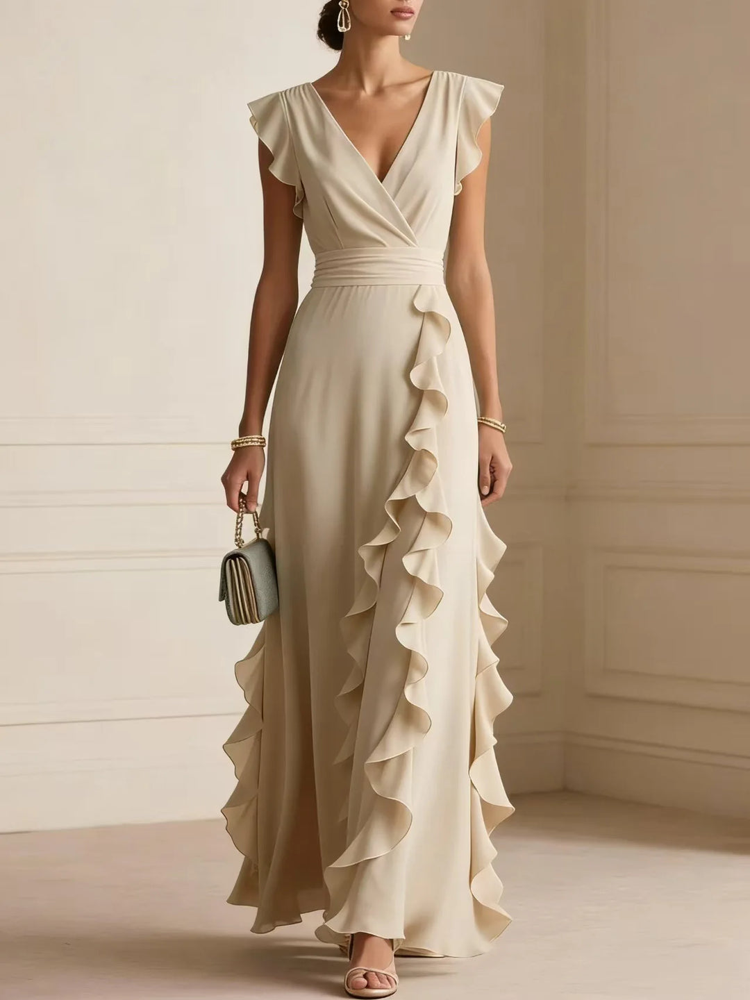 Women V Neck Ruffle Maxi Dress Sleeveless Chiffon Long Dress Wedding Guest Evening Party Formal Dress