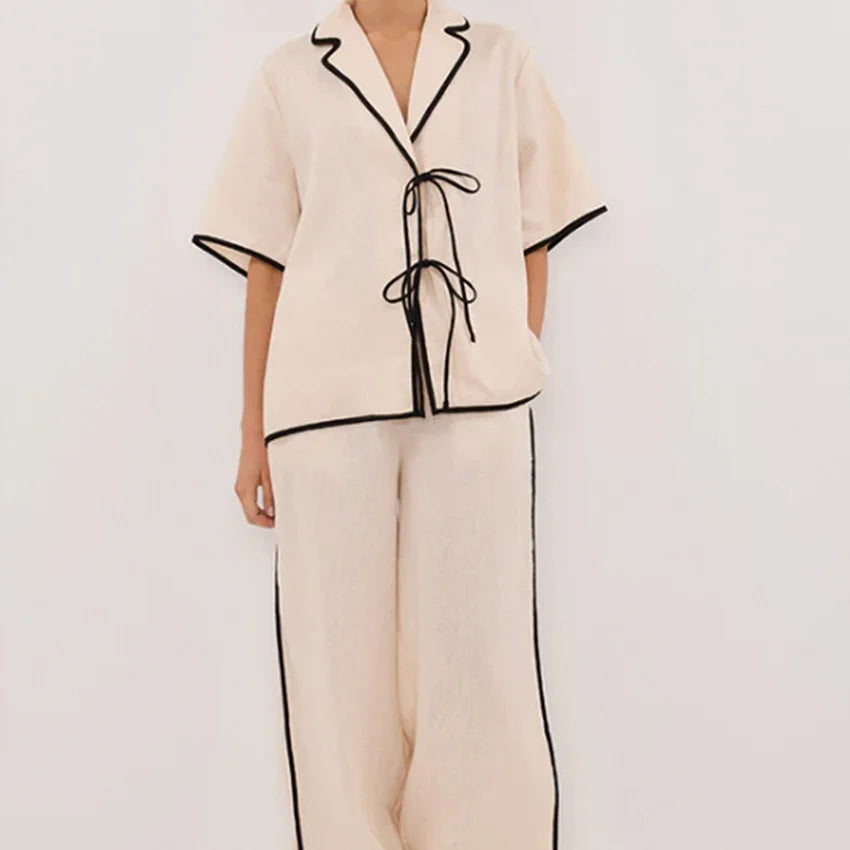WXOY Women Linen Preppy Pjs Pajama 2 Piece Set Comfy Short Sleeve Tie Front Top Wide Leg Pants Relaxed Fit Loungewear