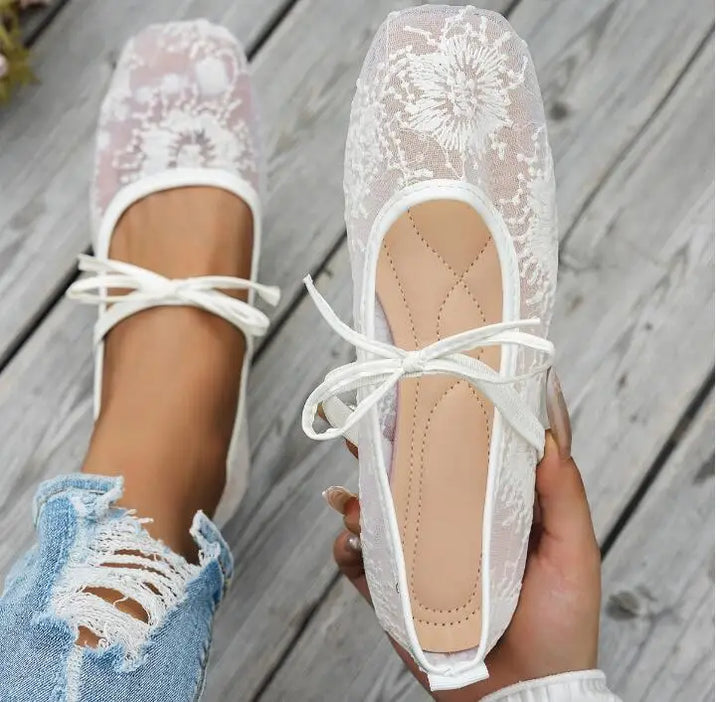 French-style Net Flower Mary Jane Flat Shoes for Women Sweet Square-toe Ballet-inspired Single Shoes Woman Summer Fairy Sandals