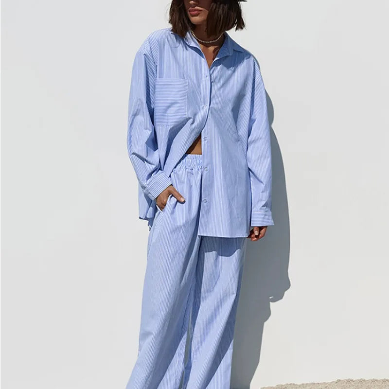 Women Striped Two Piece Outfit Loose Long Sleeve Shirt Drawstring Wide Leg Pants Set