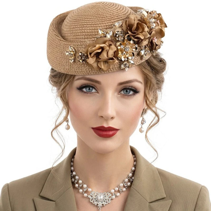 2026 Spring Summer Woven Straw Beret Cap Elegant Rhinestone Applique Fedora Cap Headwear French ‌Elegant Ladies Stewardess Hat‌