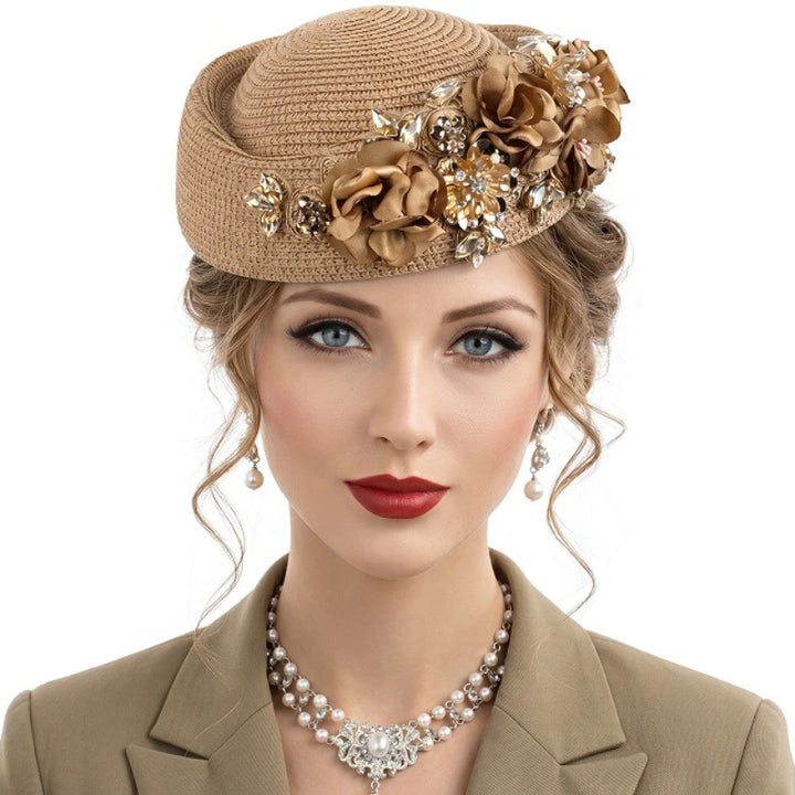 2026 Spring Summer Woven Straw Beret Cap Elegant Rhinestone Applique Fedora Cap Headwear French ‌Elegant Ladies Stewardess Hat‌
