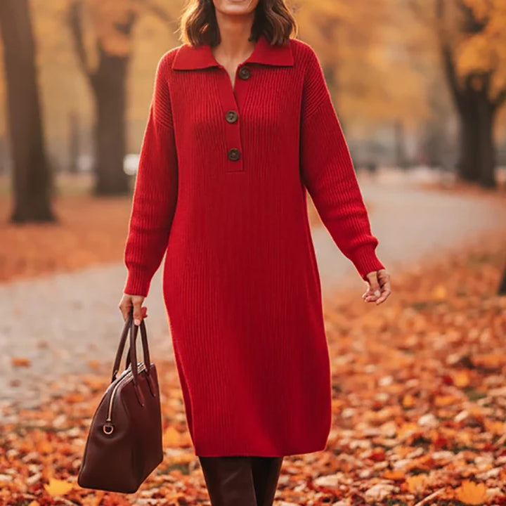 Fall Casual Solid Ribbed Knitted Dresses Woman Lapel Pullover Dress Winter Long Sleeve Sweater Dress Women Party Dresses