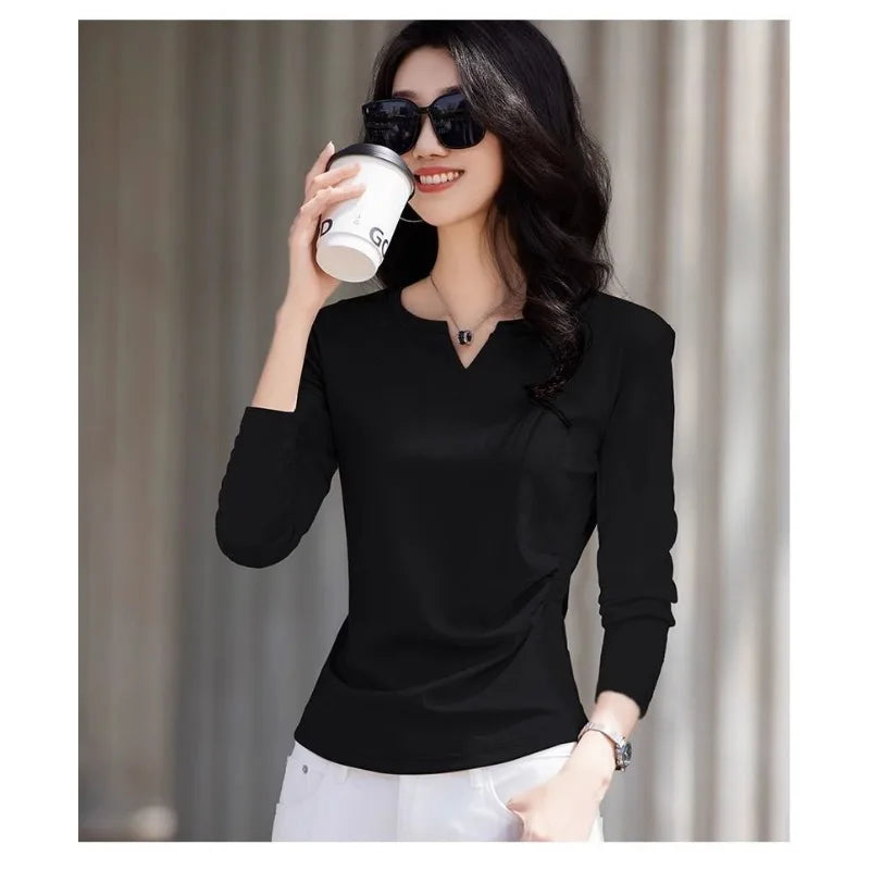 V-neck Long-sleeved T-shirt for Women in Early Autumn 2025 New Pleated Waist Top Temperament and Versatile Base Shirt
