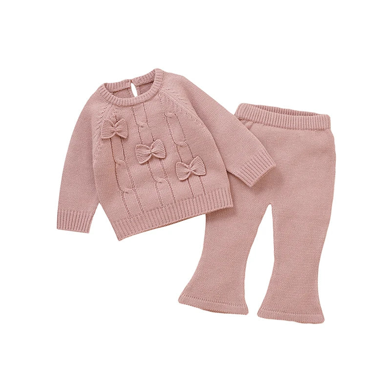 Winter Warm Knitted 2 Piece Set for Toddler Girls Cotton Full Sleeve Sweater+Trousers Outfits Pink Outwear Infant Knitwear Suits