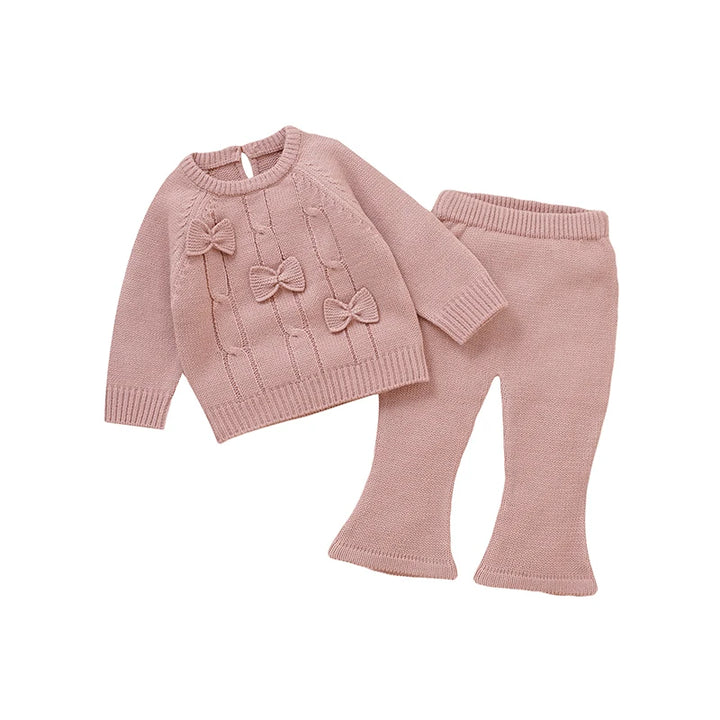 Winter Warm Knitted 2 Piece Set for Toddler Girls Cotton Full Sleeve Sweater+Trousers Outfits Pink Outwear Infant Knitwear Suits