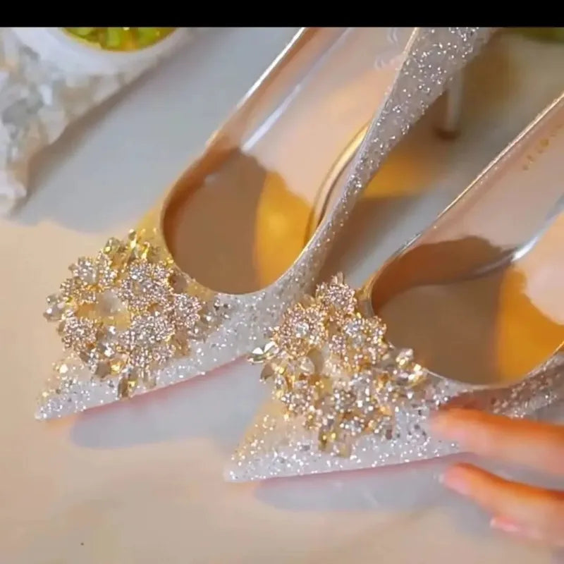 Womens High Heel Shoes Fad Elegant Crystal Pointed Toe Pumps Retro Shallow Mouth Banquet Party Wedding Women Shoes Zapatos Mujer