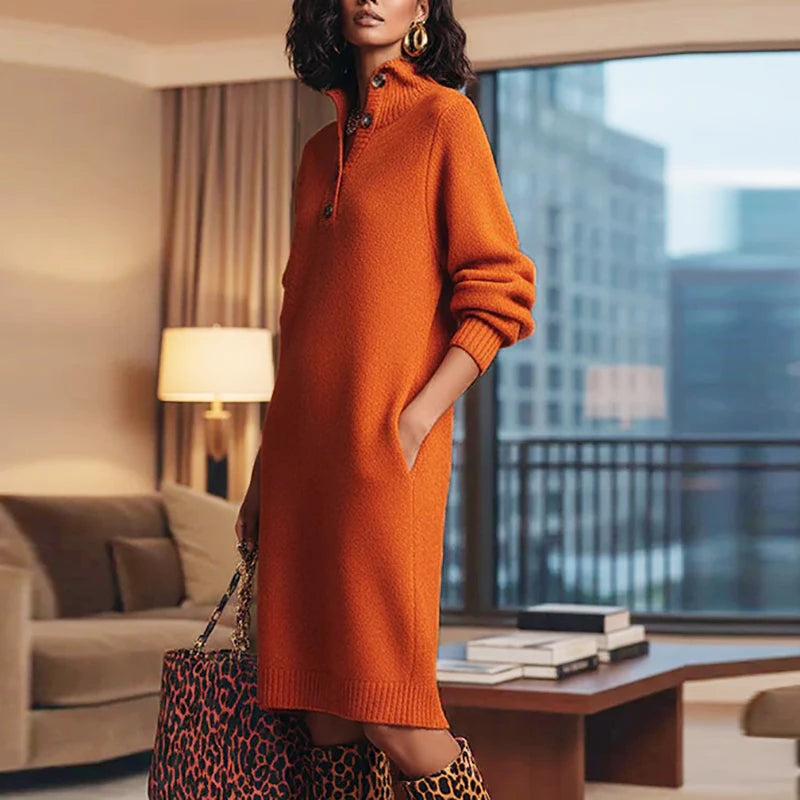 Fall Casual Solid Ribbed Knitted Dresses Woman Lapel Pullover Dress Winter Long Sleeve Sweater Dress Women Party Dresses
