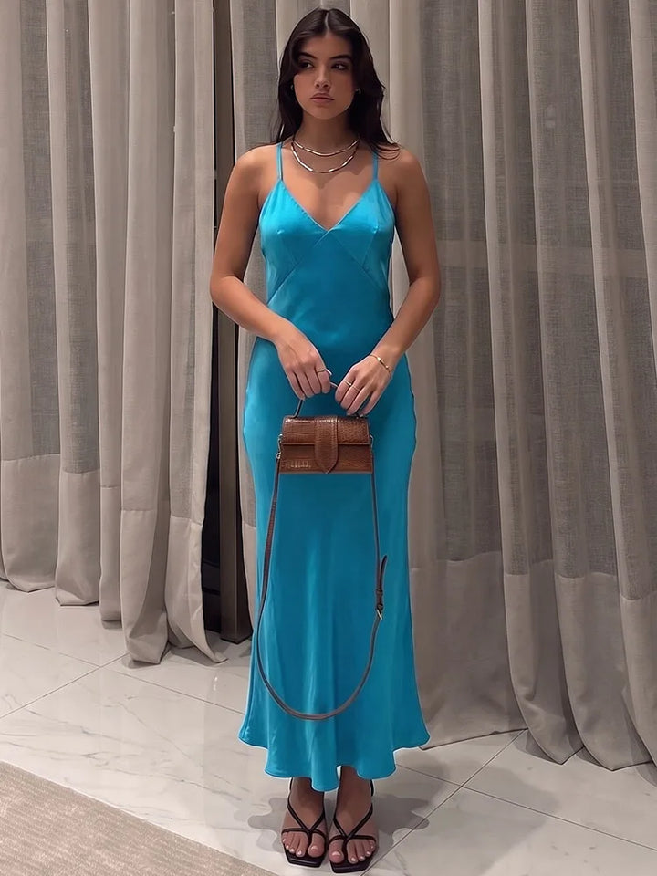 HH Silky Satin Midi Slip Dress Women Summer Deep V Crisscross Back Beaded Spaghetti Strap Long Dress Beach Date Wear