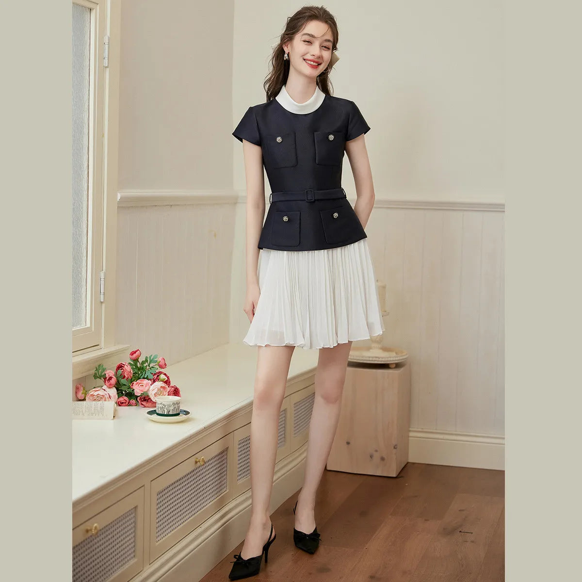 LOUIS YAO Women's Dresses 2026 Noble Style Short Sleeve Pleated Dress Spring Slim Fit High-End Texture Mid-Length Women Dress