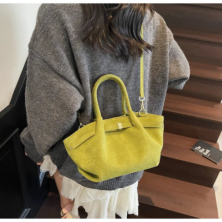 Matte Leather Suede Tote Handbags for Women Large Capacity Retro Shoulder Bag Fall Winter Belt Design Female Crossbody Bags
