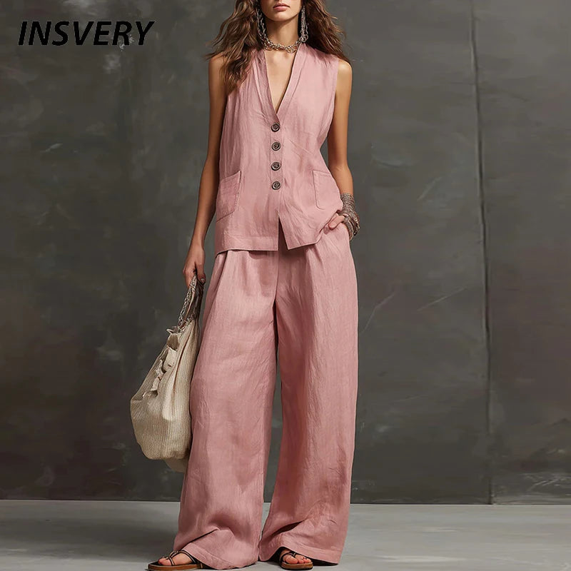 Women Linen Cotton Vest Pants Suit Women Casual Two Piece Set Office Ladies Summer 2 Piece Set Women Outfits