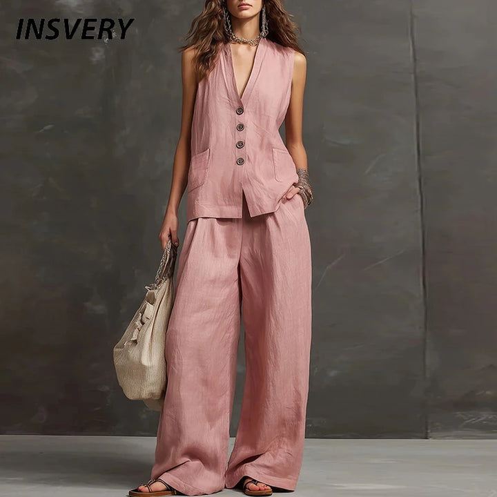 Women Linen Cotton Vest Pants Suit Women Casual Two Piece Set Office Ladies Summer 2 Piece Set Women Outfits