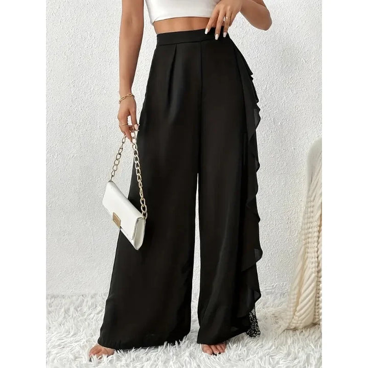 Wide Leg Pants Women Autumn Spliced Ruffles Lace Sheer Mesh Irregular Black Elegant Pants Office Lady Commuter Tierred Trousers