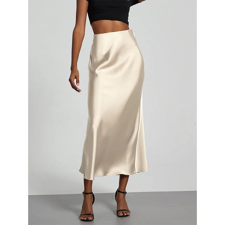 Minimalist Satin Midi Skirt  High Waist Bias Cut Flowy Hem Top for Office &amp; Casual Streetwear