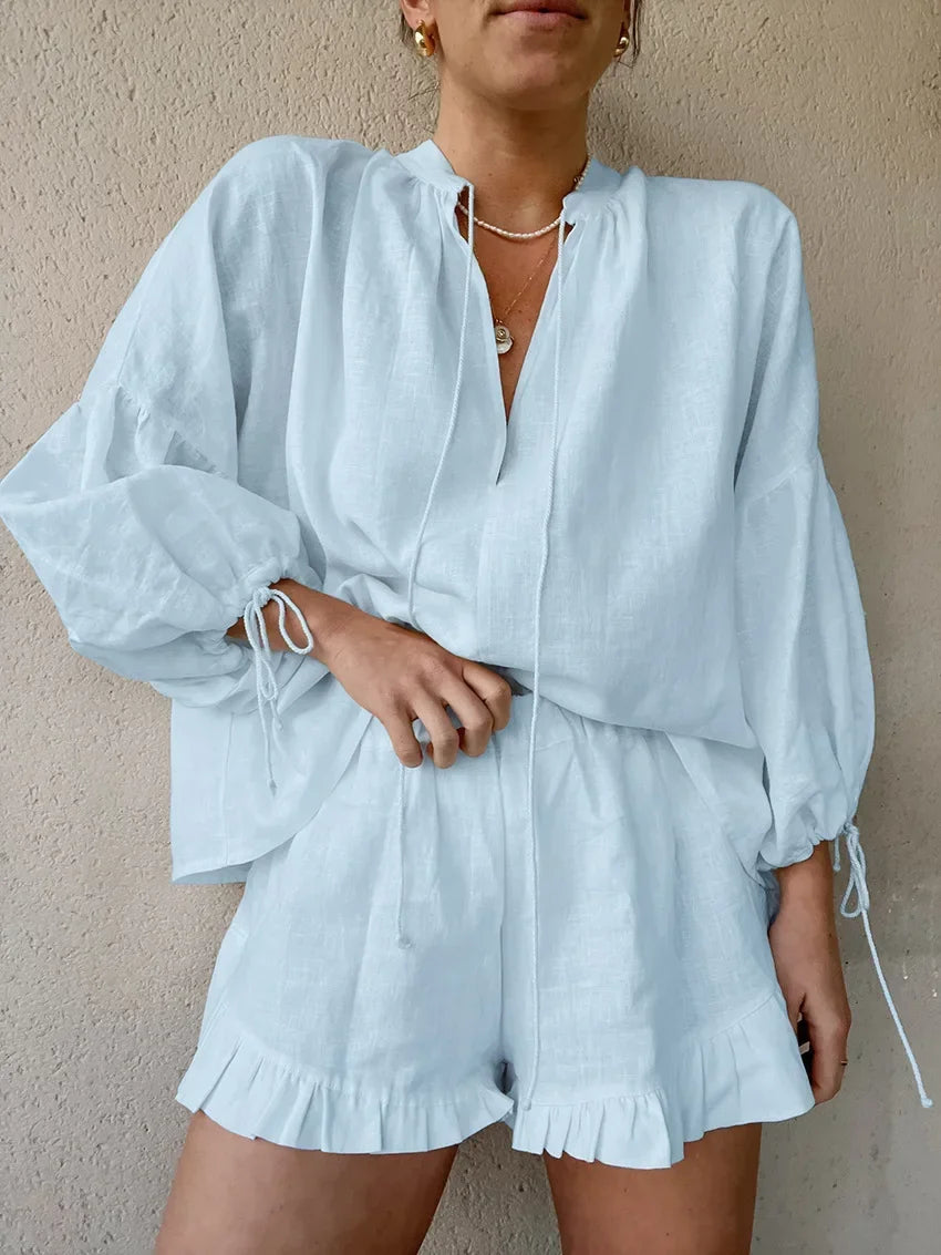 Women Cotton Linen Short Pants Sets Casual Long Sleeve Pullover with Shorts Loose Y2k Streetwear 2 Pieces Outfit Matching Sets