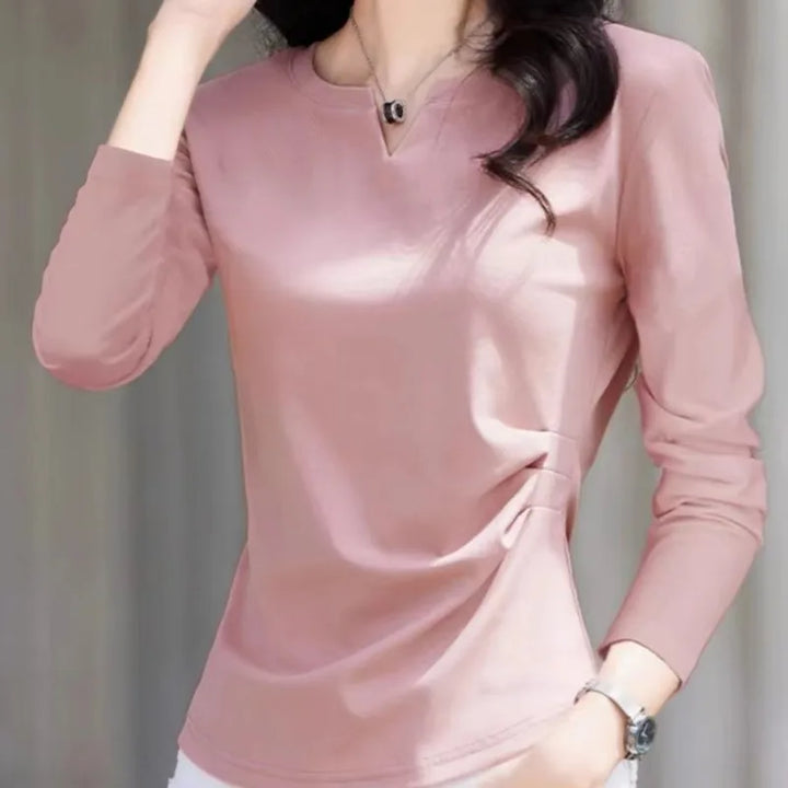 V-neck Long-sleeved T-shirt for Women in Early Autumn 2025 New Pleated Waist Top Temperament and Versatile Base Shirt