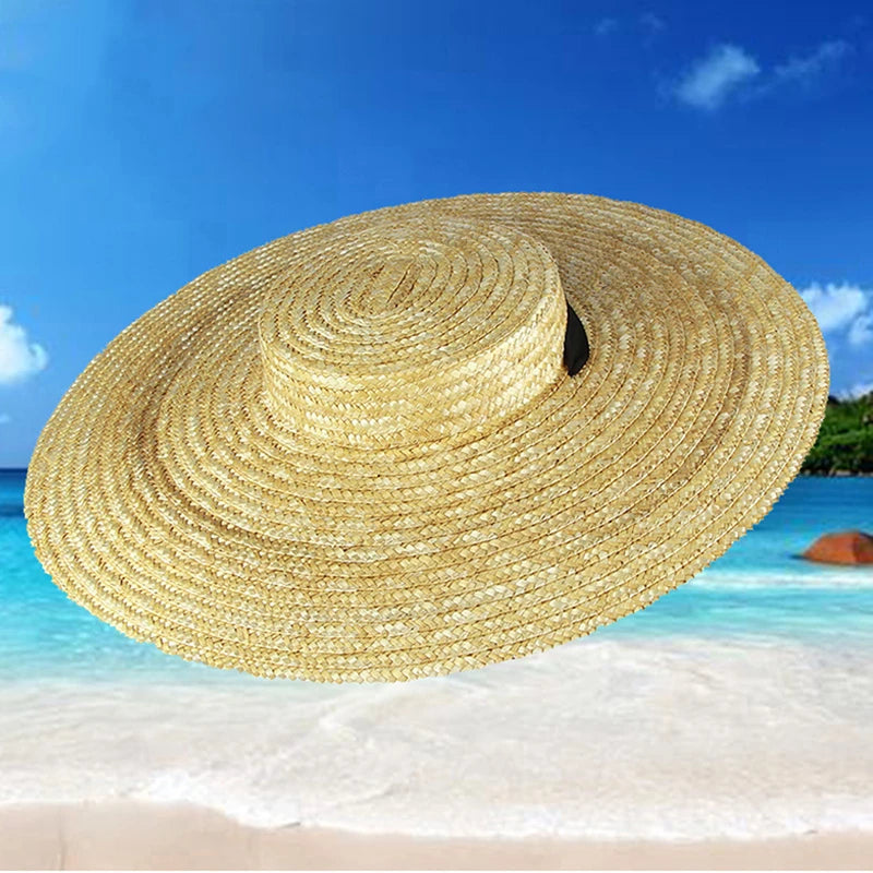 Wide Brim Straw Hat For Women Long Ribbon Ladies Beach Hat Summer Sun Visor Cap Flat Top Large Brim Tie Straw Straw Hat