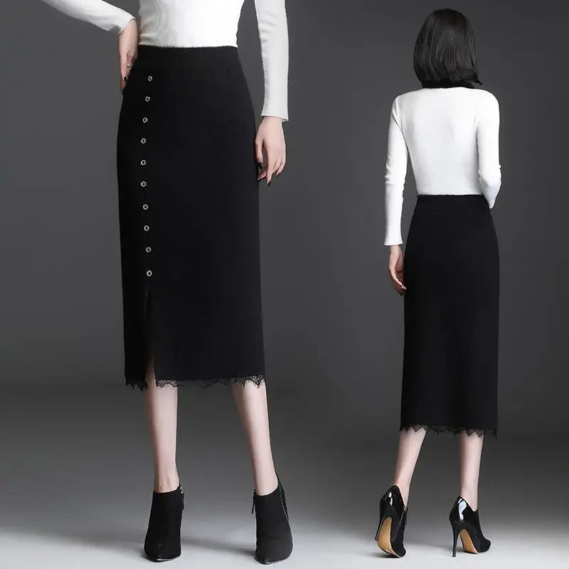 Women Knit Midi Skirt Button Decor Front Slit Lace Hem High Waist Straight Mid Length Skirt