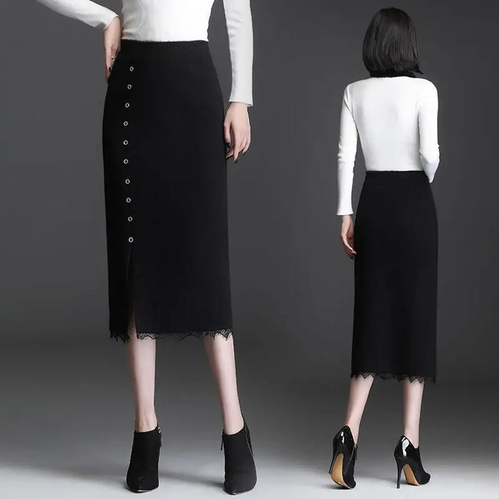 Women Knit Midi Skirt Button Decor Front Slit Lace Hem High Waist Straight Mid Length Skirt