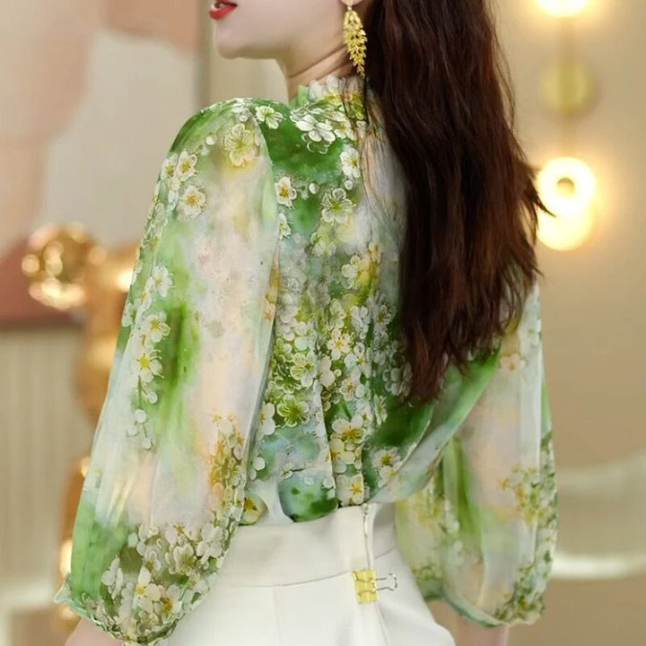 Summer New V-neck Fashion Long Sleeve Blouse Women High Street Casual Loose Printing Pullovers Elegant Button Patchwork Y2K Tops