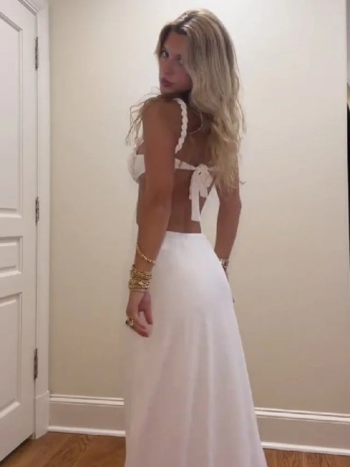 2026 Summer Sexy White Deep V Neck Maxi Dress Women Chic Braided Spaghetti Strap Cutout Waist Dresses Formal Evening Party Gown