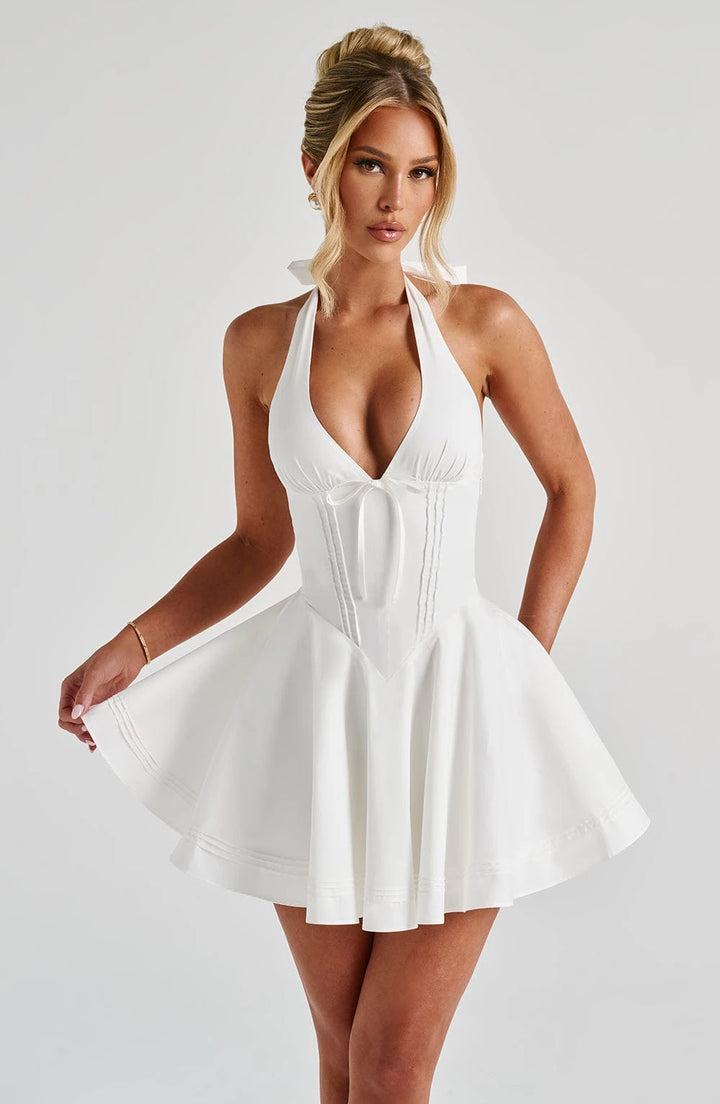 White Halter Women Mini Dress Deep V Neck Front Bow Corset Waist Flared A Line Dresses Wedding Rehearsal Cocktail Party Outfit