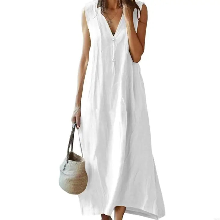 Y3NE Womens Cotton Linen Dress Casual V-Neck Sleeveless Spring Maxi Dresses Beach Dresses Vacation Outfits