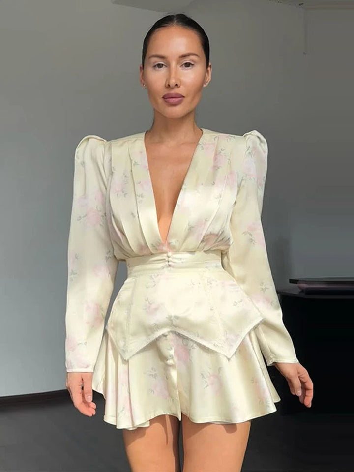 Fashion Floral Printed Maxi Dress Chic Deep V Neck Puff Sleeve Peplum Slit Dresses 2026 Summer Wedding Cocktail Party Women Gown