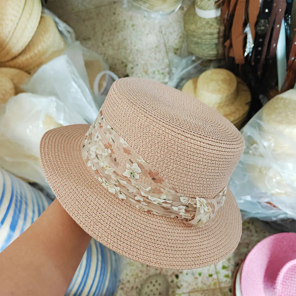1pcs Luxury Elegant Women Summer Straw Hat Flat Top Boater Cap Folds Hand Weave Wide Brim Sun Hat Panama Fedora Шляпа