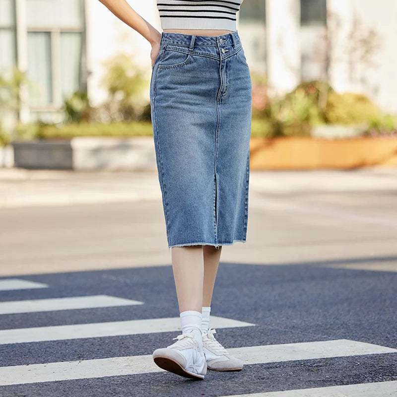 Semir Denim Skirt Women High-waisted Slit 2024 New Spring Straight Skirt