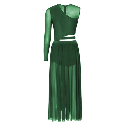 Womens Modern Lyrical Contemporary Dance Costume Cutout Round Neck Dress Side Split Sheer Mesh Dresses Performance Outfits
