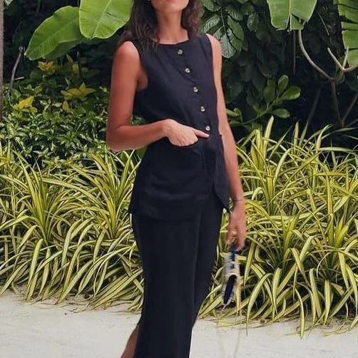 Chic Cotton Long Dress Set Women Summer Sleeveless Solid Single Breasted Best Top Back Split Maxi Skirts Lady 2 Pieces Suits